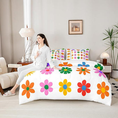Feelyou Cute Flower 7 Piece Bedding Set King Size Colorful Flower Comforter Set with Sheets for Kids Boys Girls White Colorful Bed in a Bag Kawaii Theme Bed Set