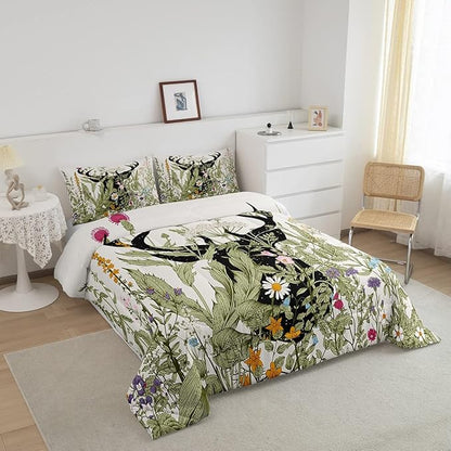 Feelyou Deer Antler Comforter Set Farmhouse Wild Deer Bedding Bed Set for Kids Boys Girls Rustic Decor Retro Wild Animal Comforter Wildflower Quilt with 1 Pillowcase 2Pcs Bedding Twin Boys