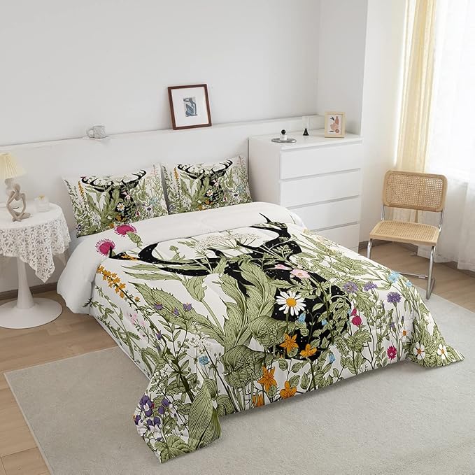 Feelyou Deer Antler Comforter Set Farmhouse Wild Deer Bedding Bed Set for Kids Boys Girls Rustic Decor Retro Wild Animal Comforter Wildflower Quilt with 2 Pillowcases 3Pcs Bedding Queen Boys