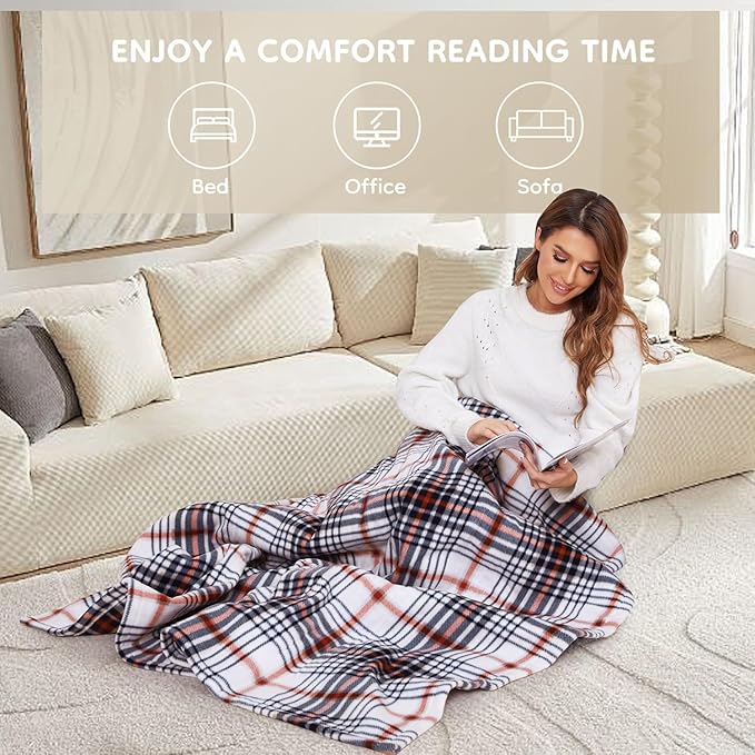 Electric Heated Blanket Throw Size - 50"x60", Soft Flannel Heating Blanket, 4 Heating Levels, 3 H Auto Shut Off, Breathable Warm and Washable for Sofa, Blue-White-Red Plaid