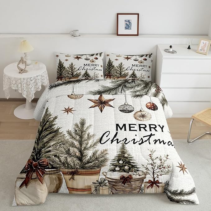 Erosebridal Christmas Tree Queen Comforter Set for Kids Boys Girls,Merry Christmas Bedding Set,Winter Xmas Holiday Down Comforter,Happy New Year Reversible Bed Set with 2 Pillowcases for Bedroom