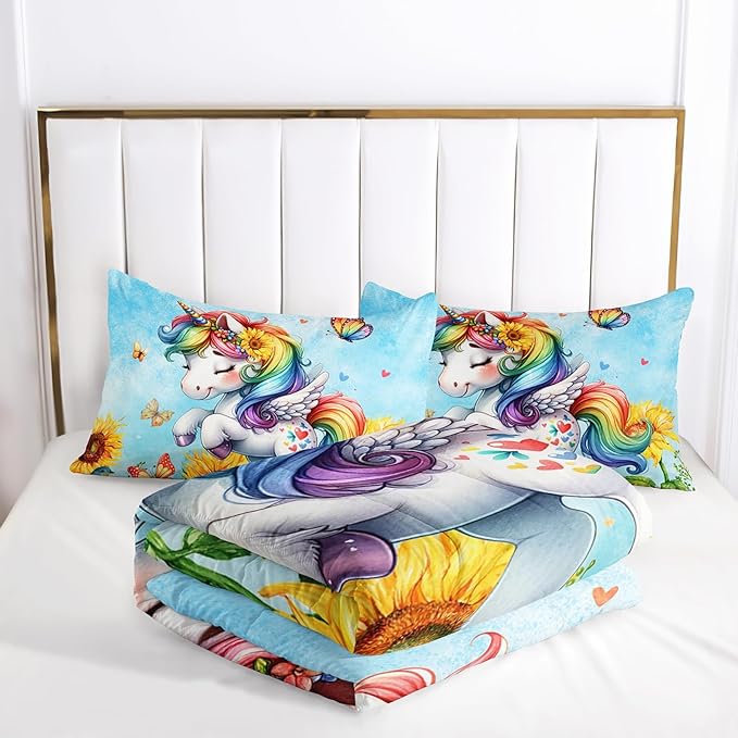 Cute Unicorn Comforter Set Queen Size, Yellow Sunflower Unicorn Bedding Set 3pcs for Kids Girls, Soft Polyester Bedding