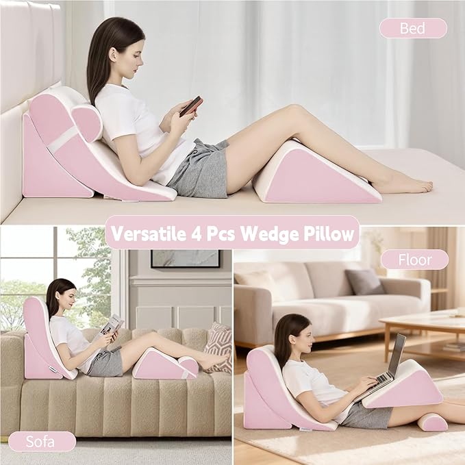 4PCS Orthopedic Bed Wedge Pillow Set for Post Surgery & Pain Relief, Adjustable Wedge Pillow for Back, Acid Reflux,Sitting up in Bed,Recovery, Snoring, Body Pillow for Sleeping (White/Pink)