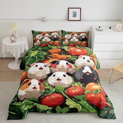 Guinea Pig Bedding Set Full Size Fresh Vegetables Comforter Set for Girls Boys Room Decor Kawaii Cartoon Animal Down Comforter Cute Guinea Pigs Quilt Set with 2 Pillowcases