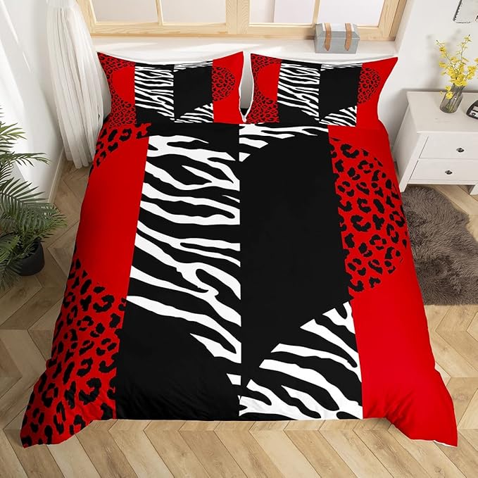 Leopard Zebra Duvet Cover Twin,Wild Animals Skin Bedding Set 2pcs for Teens Adults Room Decor,Red Black Geometric Striped Heart Comforter Cover Romantic Microfiber Quilt Cover with 1 Pillowcase