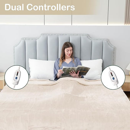 Electric Heated Blanket Queen Size 84"x90", Dual Control Fast Heating Cozy Heated Blanket for Bed, 10 Hours Auto Off & 4 Heating Levels, Warm Gift for Grandma-White