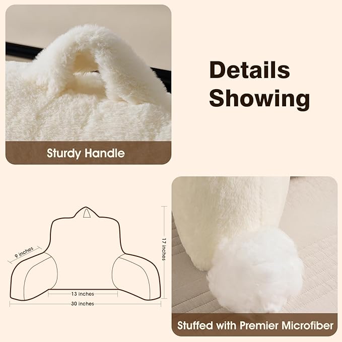Faux Fur Reading Pillow for Bed/Couch/Floor/Dorm, Great Cozy Back Pillow for Bed Sitting Up, Fluffy Fur Bed Pillow for Sitting Up for Adults/Teens/Kids, Upgrade Back Support Pillow, Ivory