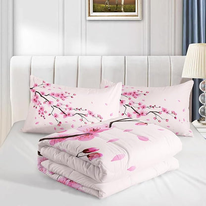 Cherry Blossoms Comforter Set Full Size 3Pcs Romantic Theme Pink Bedding Set Girl Floral Down Quilt with 1 Comforter and 2 Pillowcases