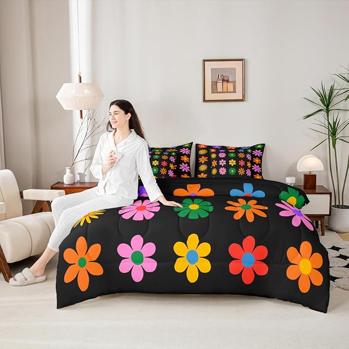 Feelyou Cute Flower 7 Piece Bedding Set King Size Colorful Flower Comforter Set with Sheets for Kids Boys Girls Black Colorful Bed in a Bag Kawaii Theme Bed Set