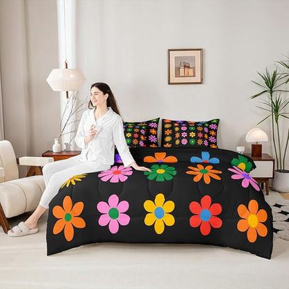 Feelyou Cute Flower 7 Piece Bedding Set King Size Colorful Flower Comforter Set with Sheets for Kids Boys Girls Black Colorful Bed in a Bag Kawaii Theme Bed Set