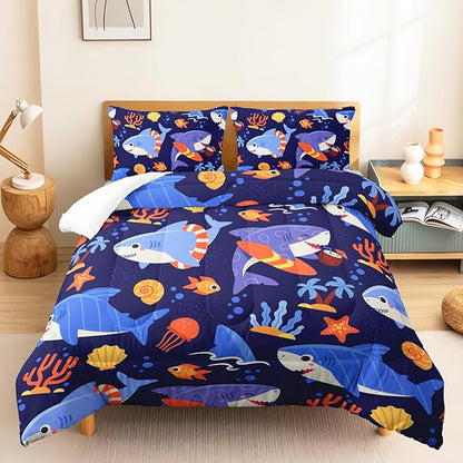 Kawaii Swimming Shark Themed Comforter 3Pcs Queen Deep Blue Ocean Sea Animal Coral Bedding Set for Kid Teen Girl Boy Adult Fish Starfish Shell Quilt Bed Decor with 1 Comforter and 2 Pillowcases