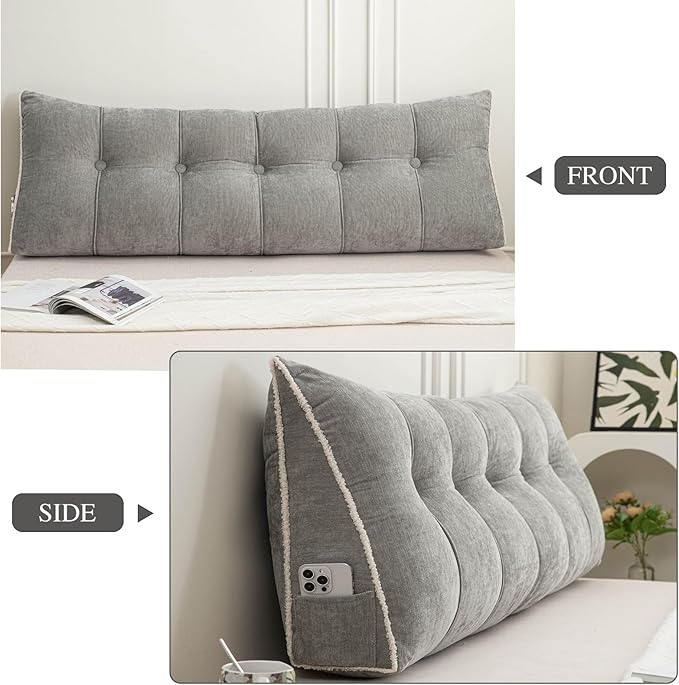 Headboard Pillow Queen, Chenille Triangular Wedge Pillow Headboard Queen Size, Reading Setting Backrest Daybed Pillows for Sofa Bed with Removable Cover, Grey