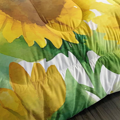 Cartoon Green Frog Bedding Set 3Pcs Yellow Sunflower Comforter Full Colorful Floral Botanical Pattern Quilt Set for Kids Teens Girls Boys Bed Decor Set with 1 Comforter and 2 Pillowcases