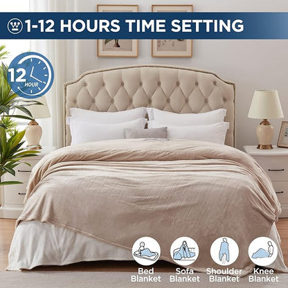 Westinghouse Electric Blanket King Size, Super Cozy Soft Flannel 100"" x 90"" Heated Blanket with 10 Fast Heating Levels & 1-12 Auto-Off, Machine Washable, ETL&FCC Certification, Beige