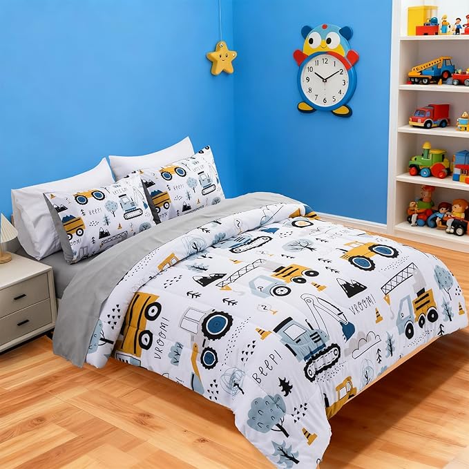 Holawakaka Trucks Tractors Cars Boys 5-Piece Bedding Comforter Sheet Set,Full Size Cartoon Construction Car Excavator Print Kids Bed in A Bag, Excavator Mixer Truck Printed Bed Sets (White Full)