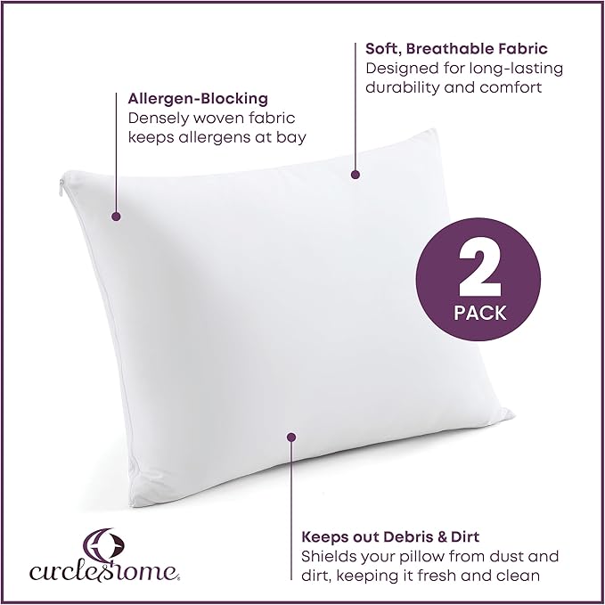 CirclesHome Pillow Protectors 2 Pack Queen Zippered - 100% Cotton Breathable Pillowcases - Protects Pillows from Dirt, Dust and Debri (Queen- Set of 2 - 20x30)