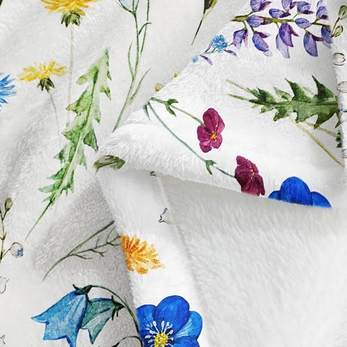 Floral Throw Blanket Birthday for Mom Women Blue Watercolor Flowers Blanket Soft Fuzzy Flannel Bed Blanket Plush Floral Throw for Couch Sofa Bed Chair 60"x80"
