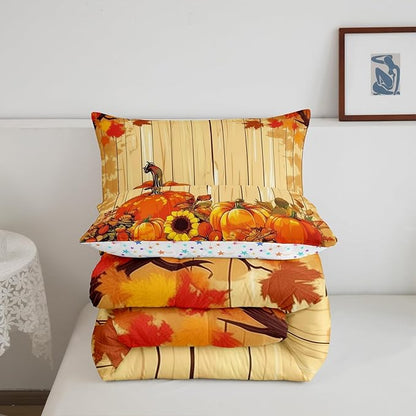 Feelyou Fall Pumpkin Bedding Set Toddler Size Soft Thanksgiving Harvest Season Fruit Decor Comforter Set for Kids Boys Girls Decor Maple Leaf Comforter Microfiber Deep Orange Duvet Set