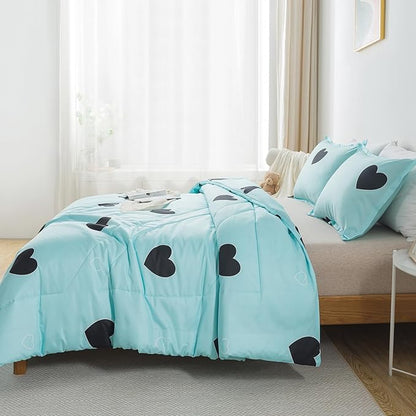 Caressma Blue Love Comforter Set Queen Size, Cute Heart Pattern Bedding Comforter for Girls Women, 3 Pieces Soft Microfiber Fluffy Lovely Comforter Set for All Seasons Room Decor