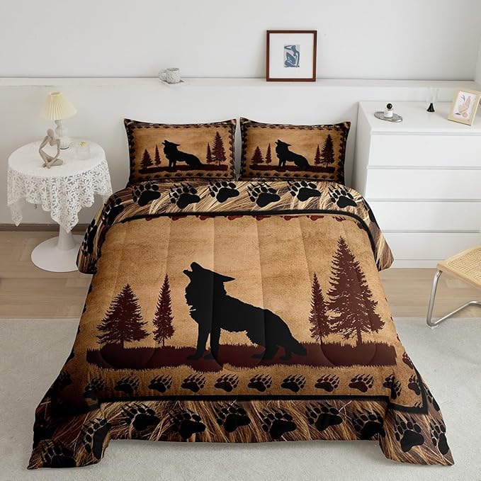 Feelyou Cute Wolf Comforter Set for Girls Boys Kids Wolves Howling Bedding Set Room Decorative Animal Wolves Tree Pattern Bedding Set Exotic Style Brown Black Duvet Set King Size 3Pcs Quilt Set