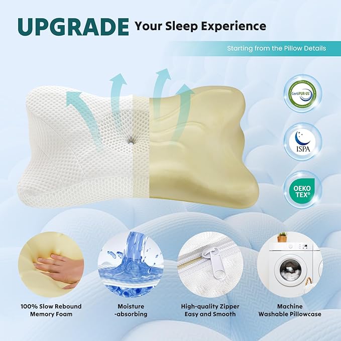 Smug Cervical Neck Pillow, Cooling Ergonomic Memory Foam Pillows for Neck Pain Relief with Breathable Pillowcase, Dual Height Orthopedic Support Contour Pillow for Side, Stomach Sleepers, White