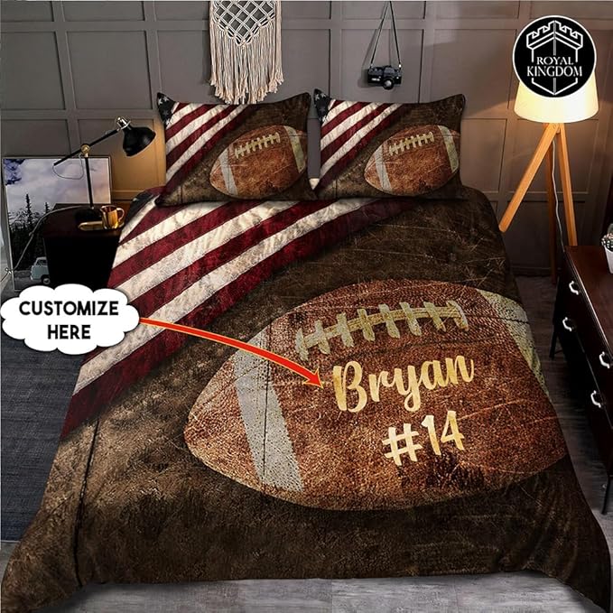Personalized American Football Bedding Set, Kids 3 Piece Duvet Cover Set with Pillow Shams for Teens Boys, NO Comforter, Twin Size for Rugby Lovers (Football 03)