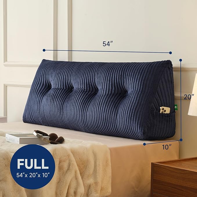 Z-hom Full Headboard Pillow, Triangular Wedge Reading Pillow for Bed or Sofa, Ergonomic Backrest Cushion for Sitting Up, Reading or Relaxing, with Side Pocket，Removable Washable Cover,Blue