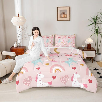 Feelyou Girls Unicorn Comforter Set Toddler Size Kids Cute Pink Rainbow Horse Decor Comforter for Unicorn Lover Daughter Bedding Set Boho Star Moon Duvet Set (1 Comforter + 1 Pillowcases, Toddler)