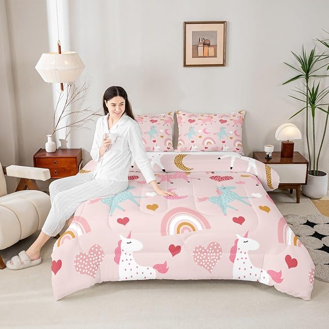 Feelyou Girls Unicorn Comforter Set Queen Size Kids Cute Pink Rainbow Horse Decor Comforter for Unicorn Lover Daughter Bedding Set Boho Star Moon Duvet Set (1 Comforter + 2 Pillowcases, Queen)