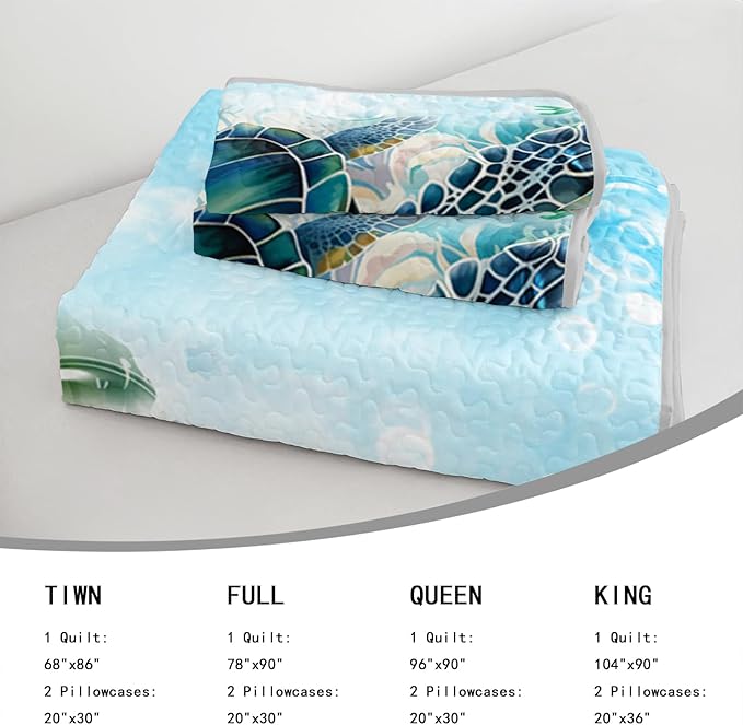 AILONEN Sea Turtle Quilt Set King Size,Blue Green Flower Bedspread Coverlet,Ocean Theme Bedding Set Printed with 2 Pillowcases,Soft Microfiber Bed Cover