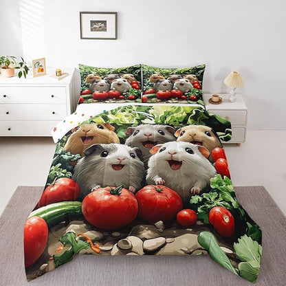 Funny Guinea Pig Bedding Set Full Size Cute Jungle Animal Comforter Set for Kids Teens Room Decor 3D Fresh Vegetables Duvet Insert Nature Green Botanical Down Comforter Set,3Pcs