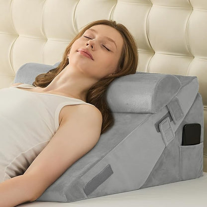 Sasttie Wedge Pillow Set for After Surgery, 2PCS Adjustable Bed Wedge Pillow Headboard with Memory Foam Neck Cushion – for Acid Reflux, Sleeping, Neck & Back Support, Velvet & Light Grey