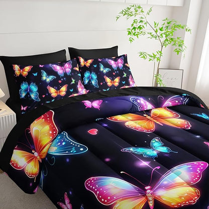 Colorful Gradient Butterfly Comforter 7Pcs Tie-Dye Heart Print Bedding Set for Kid Teen Girl Boy Adult Sparkling Aesthetics Quilt Bed Set Twin with 2 Sheets,2 Pillowcases,2 Throw Pillow Covers