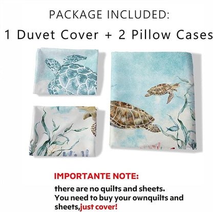 CVHOUSE Sea Turtle Duvet Cover King Size, Ocean Watercolor Sea Turtle Bedding Set for Kids Teens, Beach Comforter Cover, 1 Duvet Cover 2 Pillowcases 3 Piece