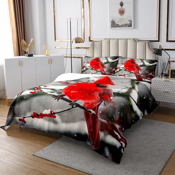 Erosebridal Boys Cardinals Bedspread Queen Size,Red Sparrows Coverlet Set Michigan Birds Bedding Set Winter Snowflake Quilt Set Finches Bedroom Decor for Child Youth Man