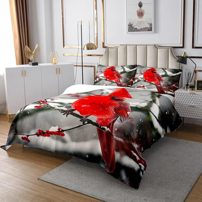 Erosebridal Boys Cardinals Bedspread Queen Size,Red Sparrows Coverlet Set Michigan Birds Bedding Set Winter Snowflake Quilt Set Finches Bedroom Decor for Child Youth Man