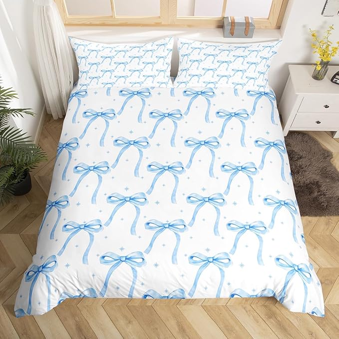 Cartoon Bowknot Girls Duvet Cover Set Full Size Kids Bow Tie Princess Bedding Sets 3Pcs for Child Girly Woman Room Decor, Butterfly Knot Comforter Cover with 2 Pillowcases (No Comforter) Blue