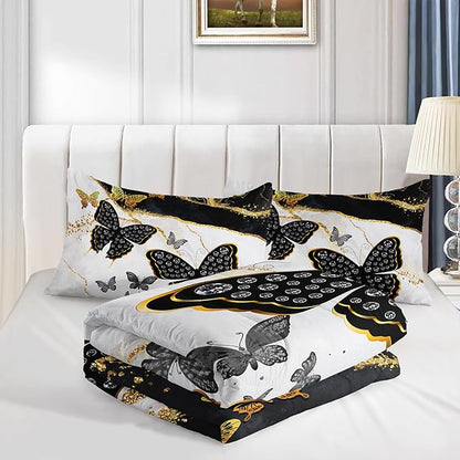 Kids Bedding Twin Size Comforter Set,Black and Gold Butterfly Bedding Comforter Sets for Boys Girls Room Decor,Marble Texture Artistic Aesthetic Bedding Sets with 2 Pillowcases.