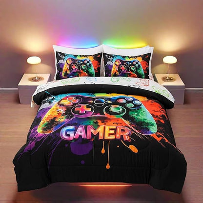 NTBED Game Console Comforter Set for Boys Girls Kids Tie Dye GamingLightweight Microfiber Gamer Bedding Sets (Multi, Queen 5Pcs)