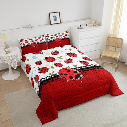 Kawaii Ladybug Comforter Set Queen Size Cartoon Jungle Animal Bedding Set Kids Boys Girls Cute Geometric Polka Dots All Season Quilt Set Flower Leaves Botanical Bedding Comforter Sets,3Pcs