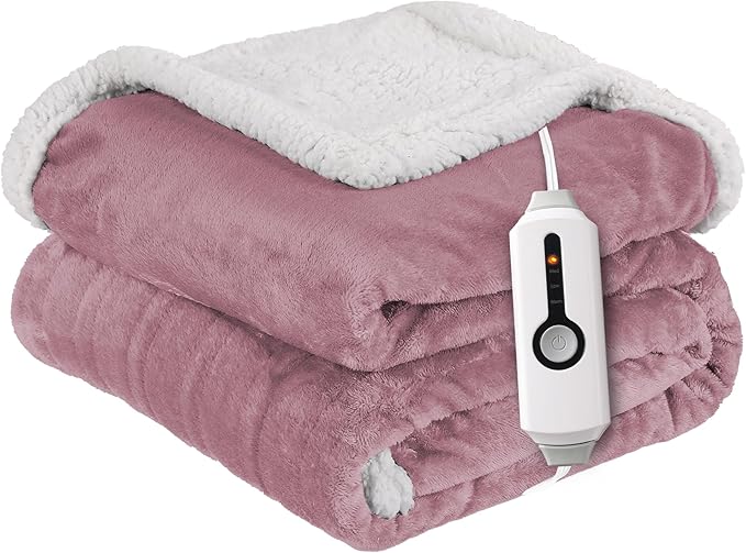 Electric Heated Blanket Throw Size 50"x60" - Dual-Sided with Microplush & Sherpa Fabric, 4 Heat Settings & 3 Hours Auto Off, Machine Washable - Berry