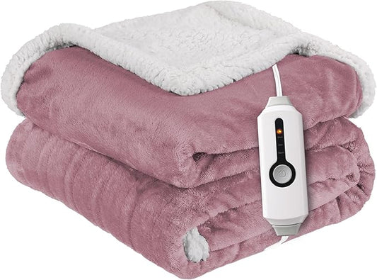 Electric Heated Blanket Throw Size 50"x60" - Dual-Sided with Microplush & Sherpa Fabric, 4 Heat Settings & 3 Hours Auto Off, Machine Washable - Berry