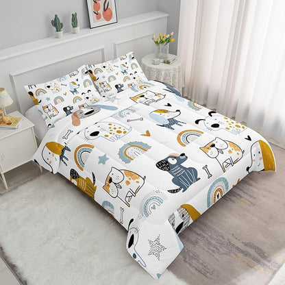 Cartoon Dog Comforter Set Rainbow Bones Printed Bedding Set with 1 Comforter and 2 Pillowcases for Boys and Girls Bedroom All Season(Dog Twin)