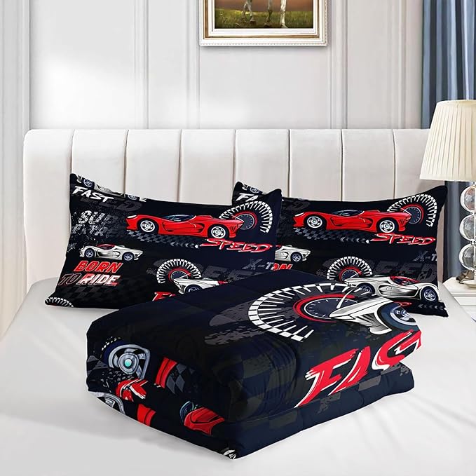 Red Sports Car Comforter Set Cool Sports Printed Bedding Set with 1 Comforter and 2 Pillowcases for Boys and Girls Bedroom All Season(Car-2 Queen)