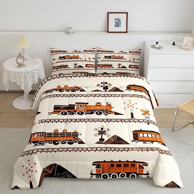Erosebridal Retro Vintage Train Comforter Set, Cute Steam Engine Bedding Retro Steam Locomotive Train Bedding Set Cartoon Vehicle Duvet Set for Bedroom Decor, Full with 2 Pillowcases