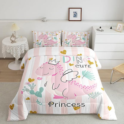 Castle Fairy Pink Dino Comforter Set King Size,Kawaii Cute Dinosaur Princess Bedding Set All Season Quilt Set,Cartoon Animal Girly Heart Stripes Microfiber Polyester Down Comforter