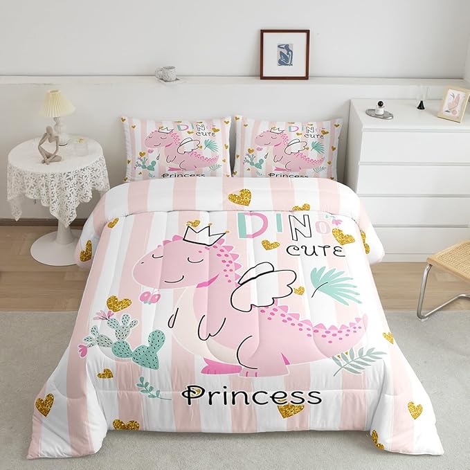 Castle Fairy Pink Dino Full Size Comforter Set,Kawaii Cute Dinosaur Princess Bedding Comforters Bedroom Collection,Cartoon Animal Girly Heart Stripes Bedding Set for Girls Teens