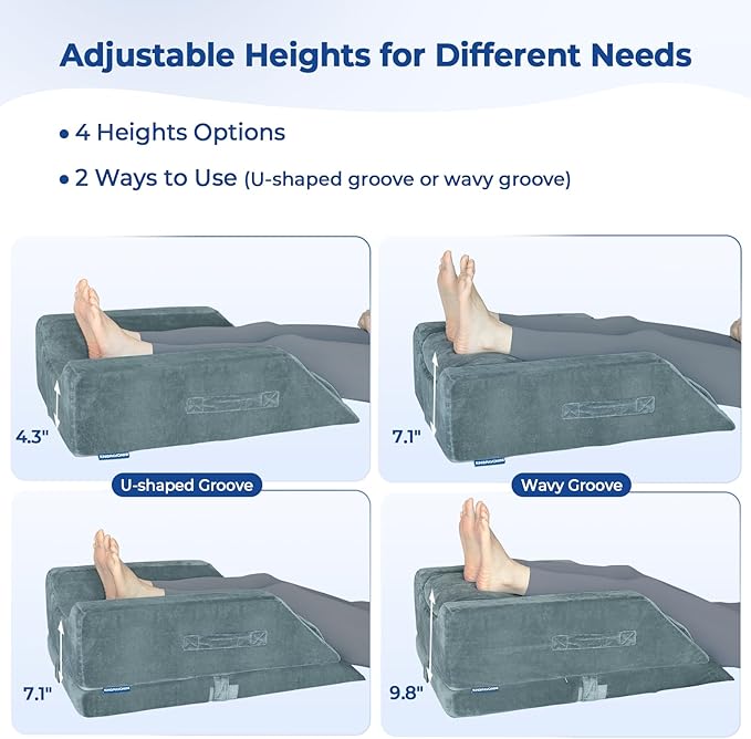 KingPavonini 4 Height-Adjustable Leg Elevation Pillows for After Surgery with Ergonomic Curve, Memory Foam Leg Support Pillow for Legs, Back Pain Relief, Wedge Pillow for Sleeping, Rest (Double Leg)