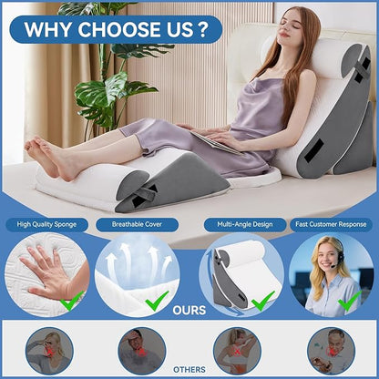Wedge Pillow Set for After Surgery, 6 PCS Bed Wedge Pillow for Sleeping, Memory Foam Orthopedic Back Pillow for Pain Relief and Acid Reflux, Adjustable Post Surgery Pillow Grey