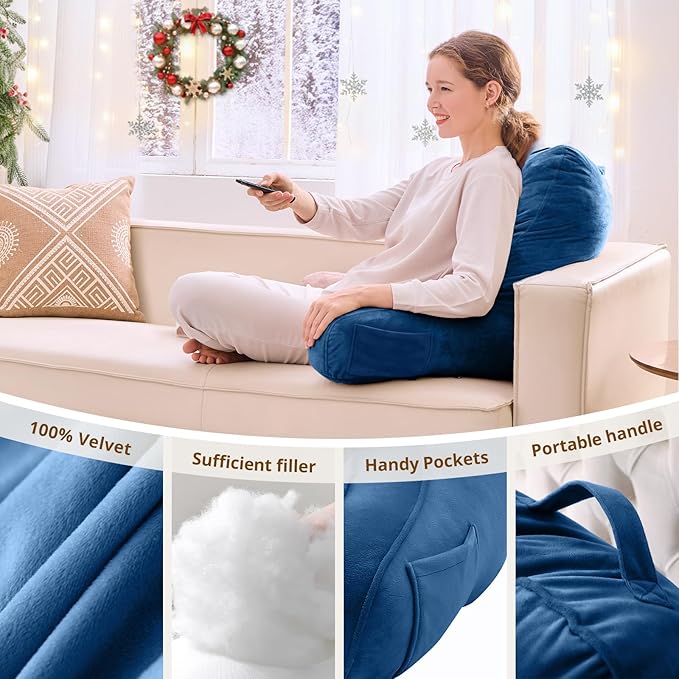 Sasttie Reading Pillow, Pillows for Reading or Relaxing – Ergonomic Support for Head, Neck, Back, and Lumbar, 21-Inch, Navy Blue